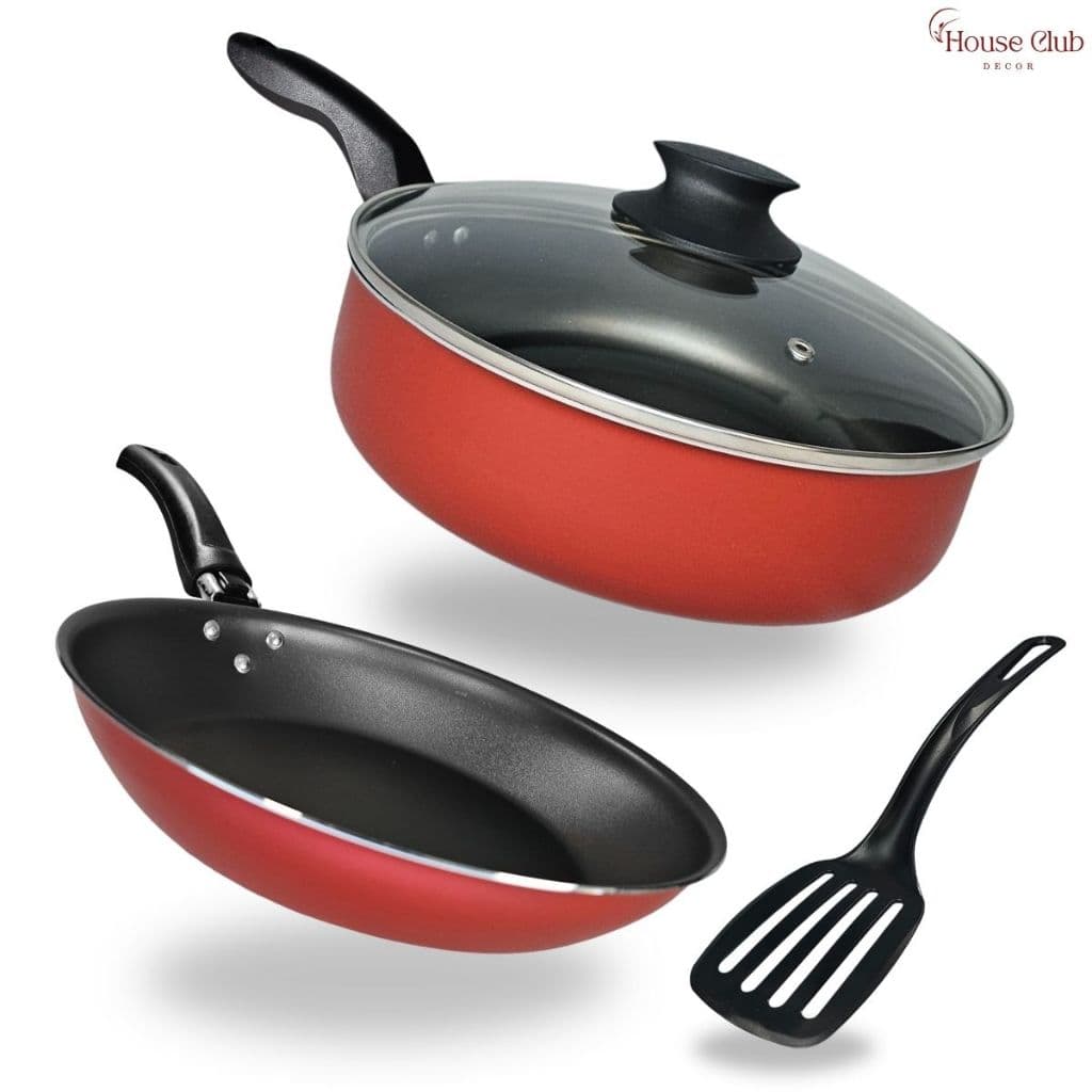 Kit Frigideira Alta 22 cm com Tampa de Vidro e Frigideira Francesa 16cm Antiaderente Teflon Vermelho