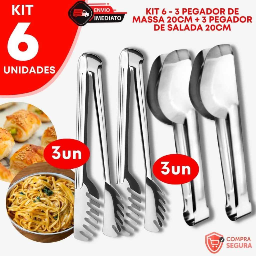 Kit 3 Pegador Massa 20cm + 3 Pegador Universal 20cm Inox Cozinha Salada Bolo Buffet Profissional Pão