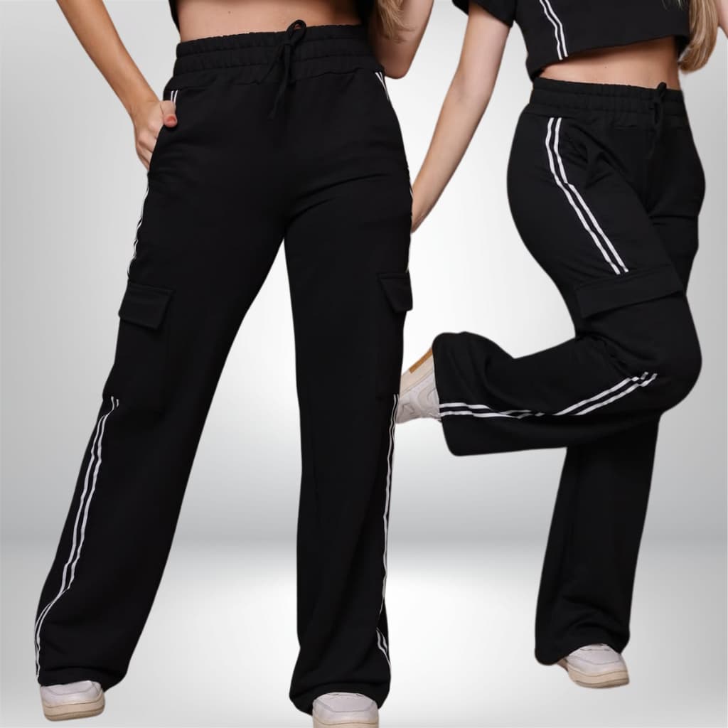 Calça Feminina Moletom Cargo Pantalona Wide Leg Listrada Casual Feminino Grossa Adulta com Bolso