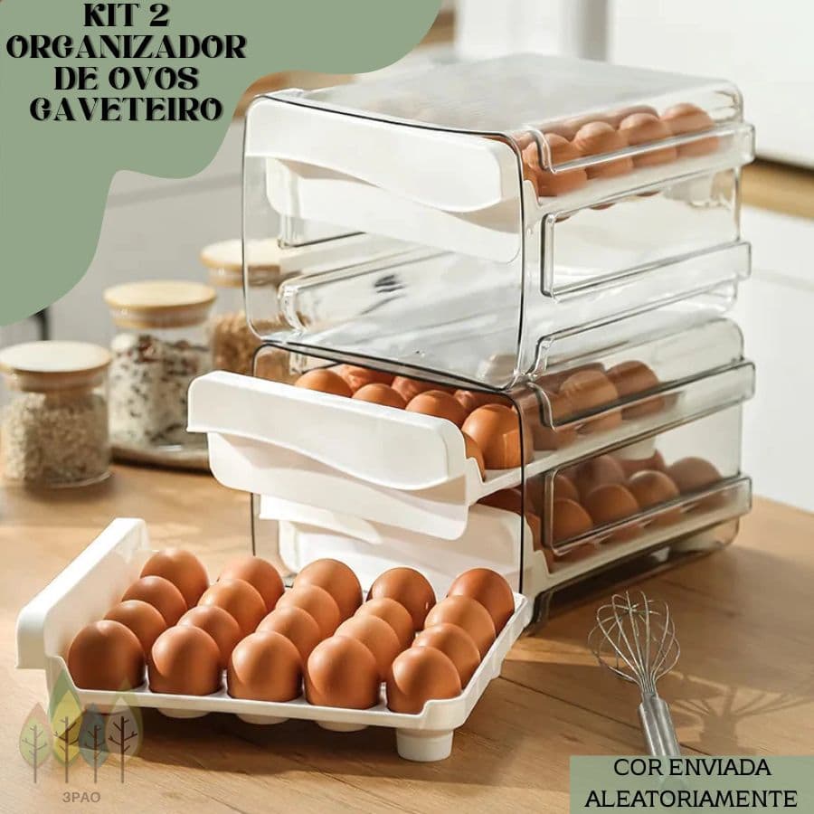 Kit 2 Organizador De Ovos Gaveteiro Plástico Duplo 32 Ovos Empilhável Para Geladeira