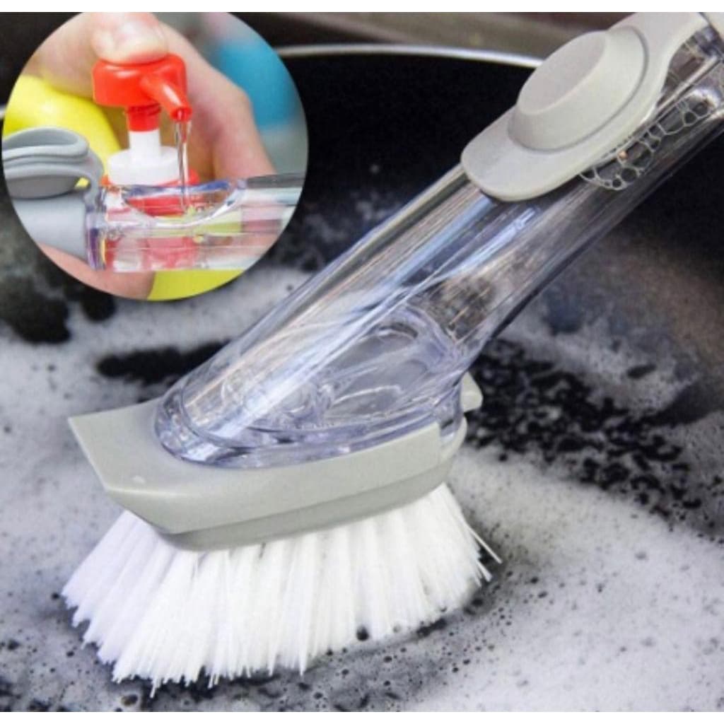 Escova de limpeza 2 em 1 lavar louças estofado panela com recipiente dispenser para detergente