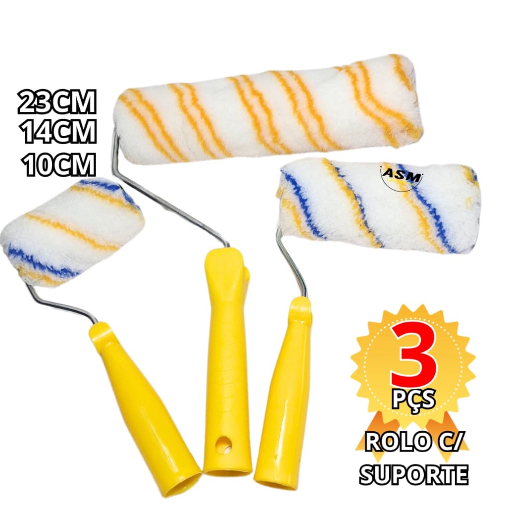 3 Rolos de Pintura Profissional com 3 tamanhos 23cm 14cm 10cm mais Suporte p Pintura