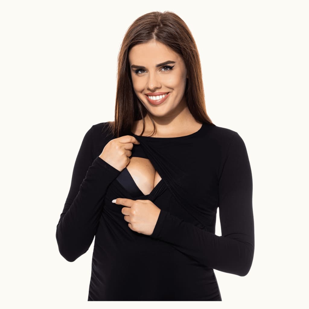 Blusa Camiseta Feminina para Amamentação Manga Longa com Abertura Frontal Discreta