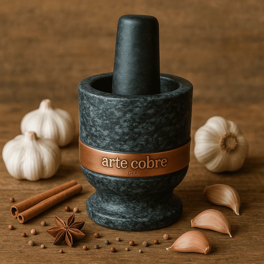 Pilão de Pedra Rústica com Socador Cobre Polido