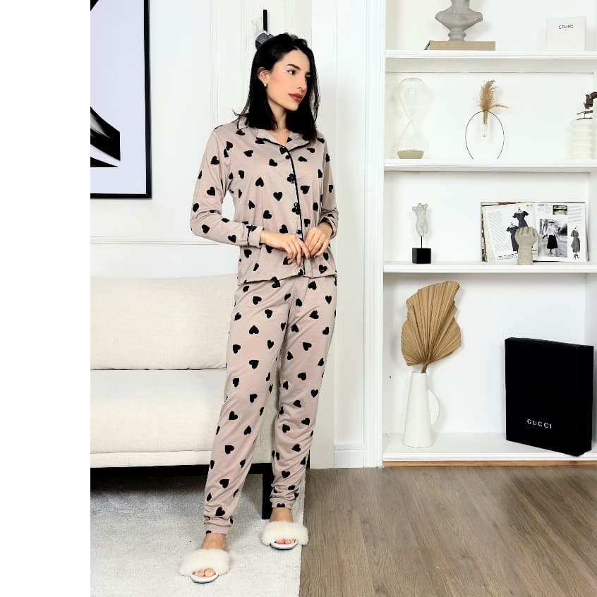 Pijama longo americano blogueirinha calça e blusa manga longa botão gestante amamentação inverno