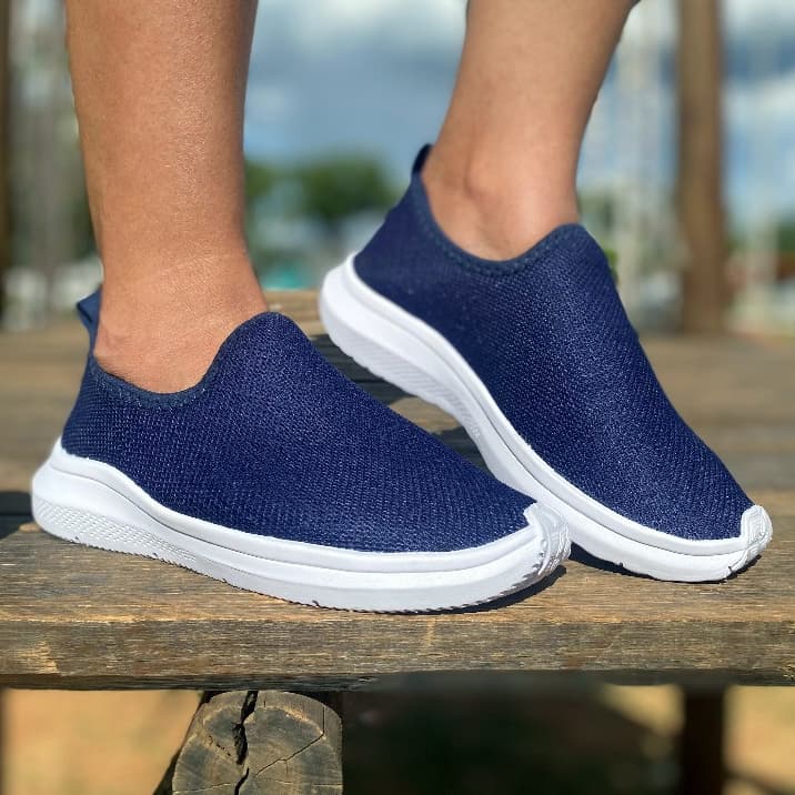 Tênis Calce Fácil Meia Feminino Ominin Slip On Academia Caminhada Azul Nude