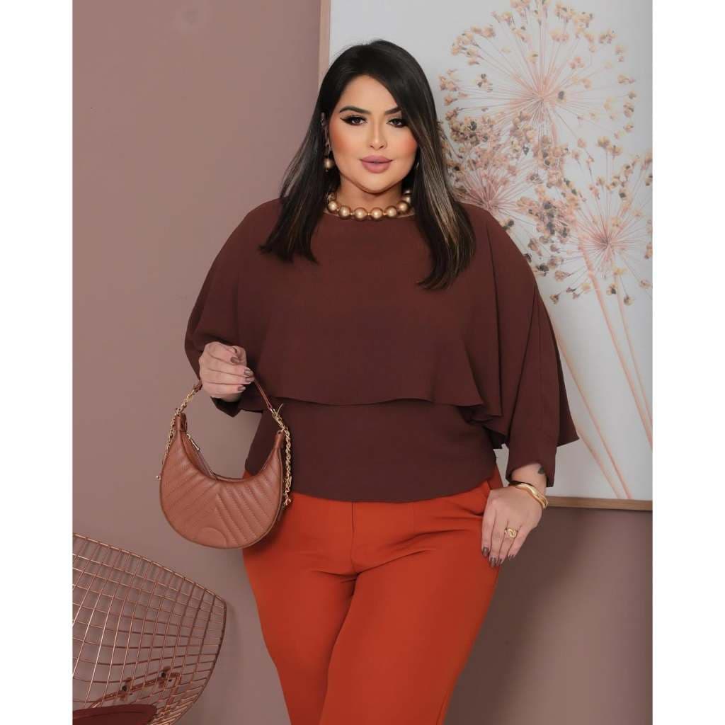 Blusa Plus Size Manga Longa Detalhe Botão Punho Elegante