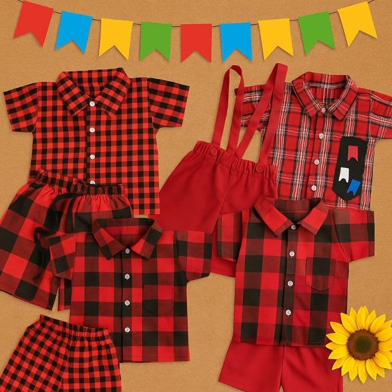 Roupa Junina de Bebê e Infantil | Camisa Xadrez, Suspensório e Mauricinho