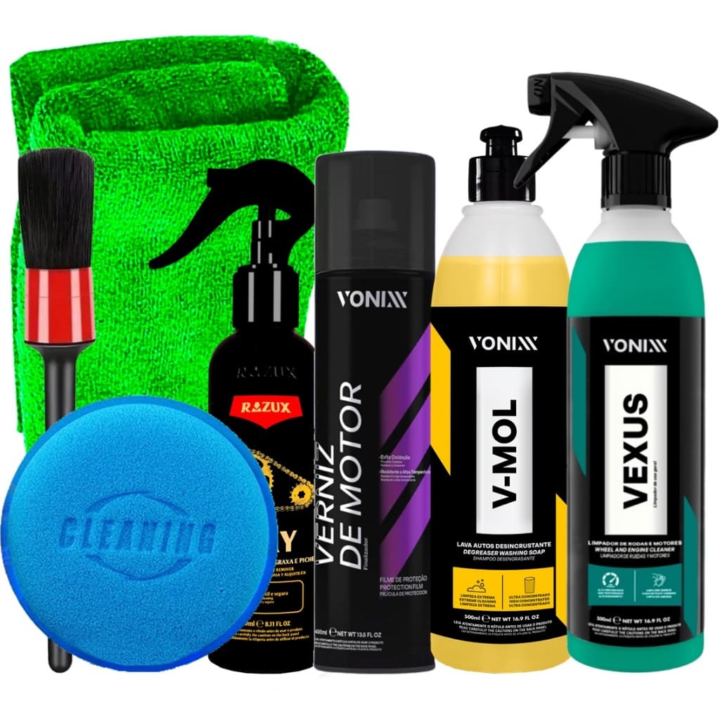 Kit Tratamento para Motor  Vonixx Vexux 500ml V-mol 500ml + Foxy 240ml Razux + Verniz de Motor + Acessorios Karbox