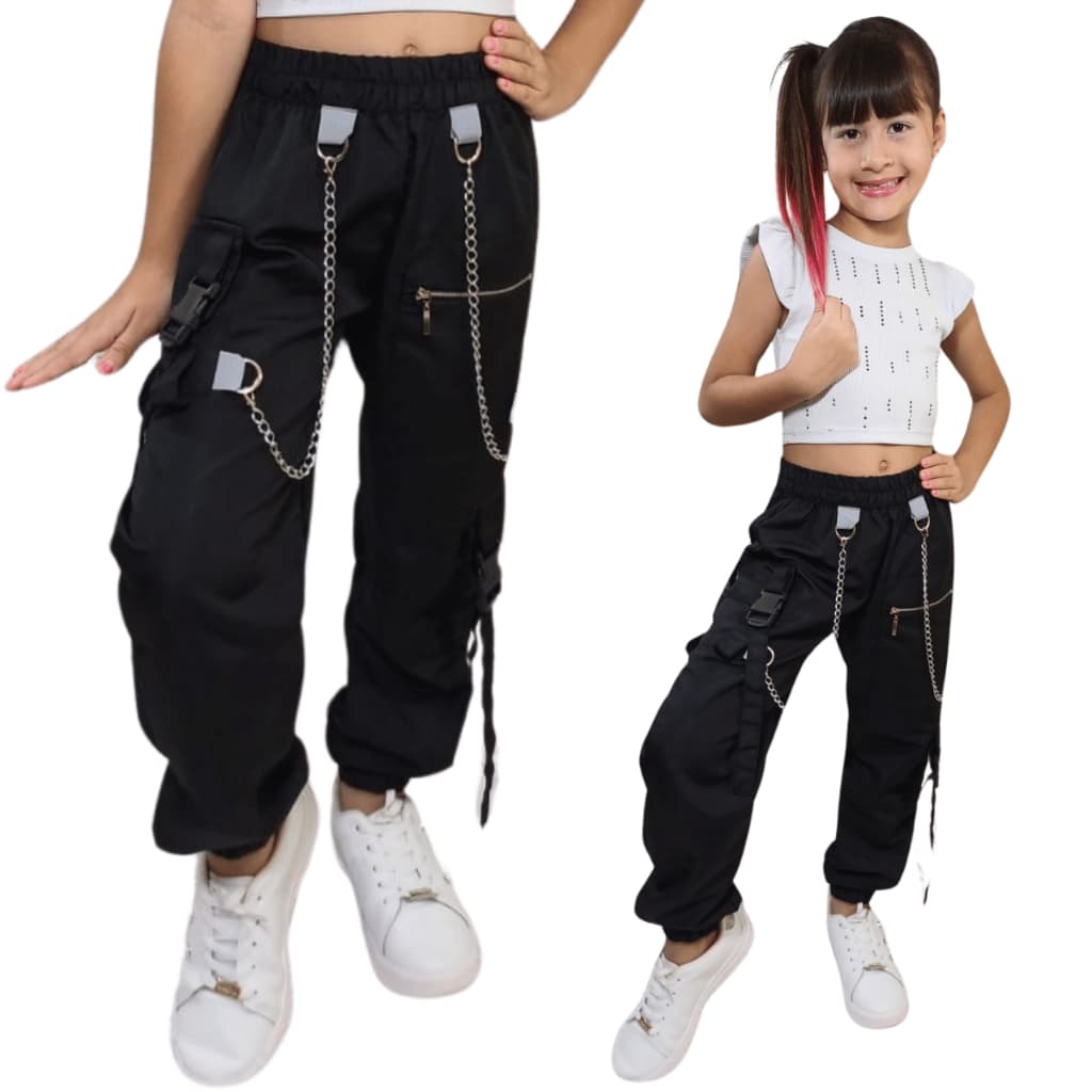 CALÇA CARGO JOGGER INFANTIL MENINA E MENINO DUAS CORRENTES E TIRAS ZIPPER E TIRAS ESTILOSAS