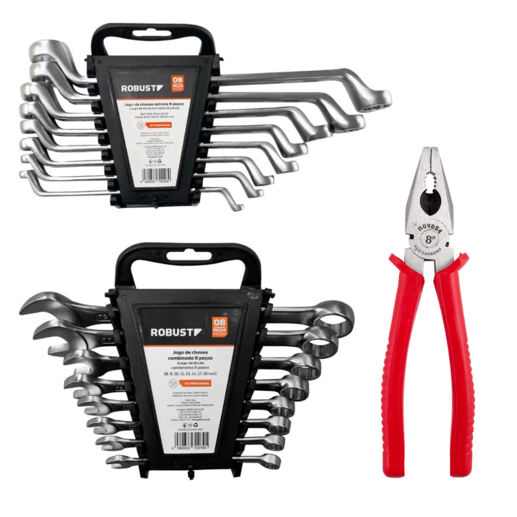 Kit Jogo 08 Chave Combinada + Estrela Fixa + Alicate 8" Profissional Mecânica Eletricista