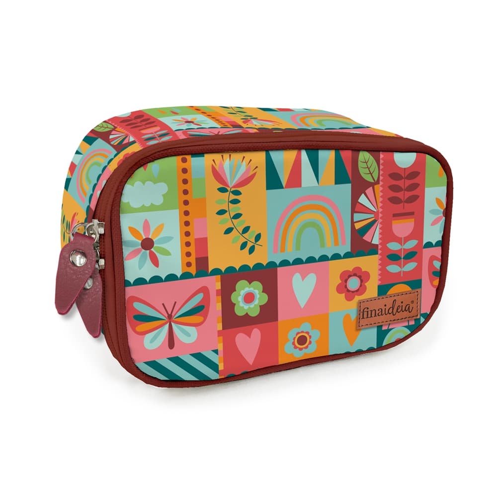 Estojo 100 canetas Escolar Box Nylon Com Alça Feminino Organizador Com Divisórias Zíper Infantil  Arco-Íris Fina Ideia