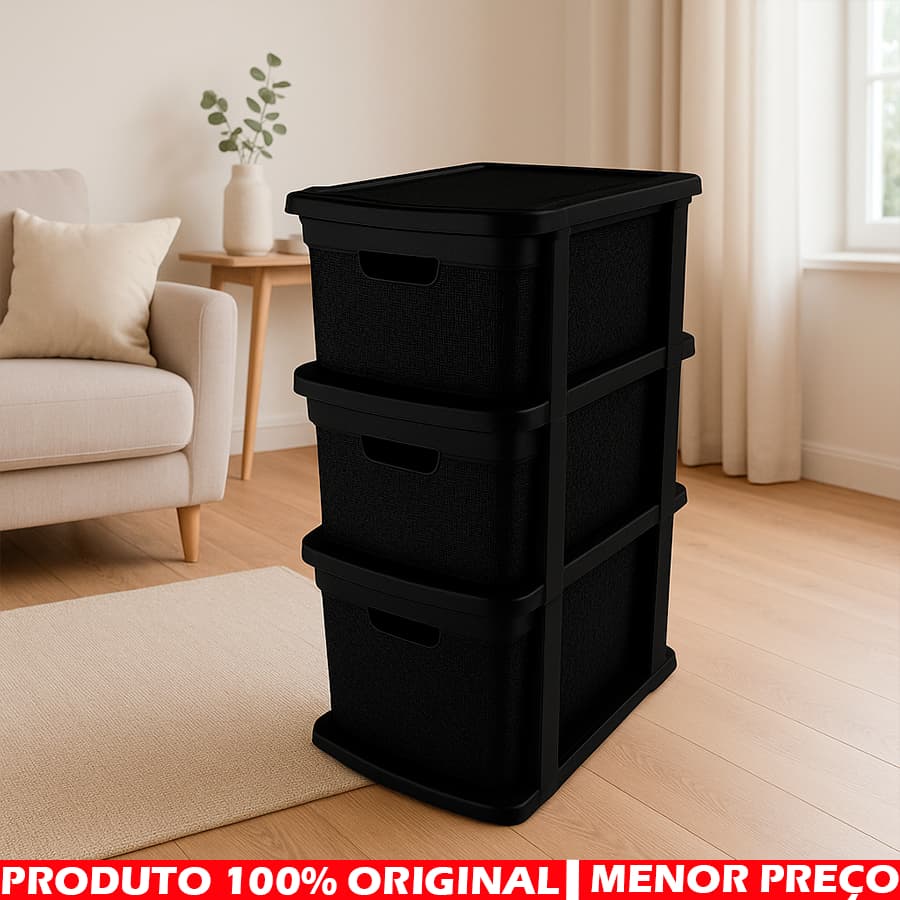Gaveteiro Escrivaninha Grande 3 Gavetas 2x 15L 1x 22L Modelo Juta Moderno Resistente Tramado Rattan Multiuso Doméstico