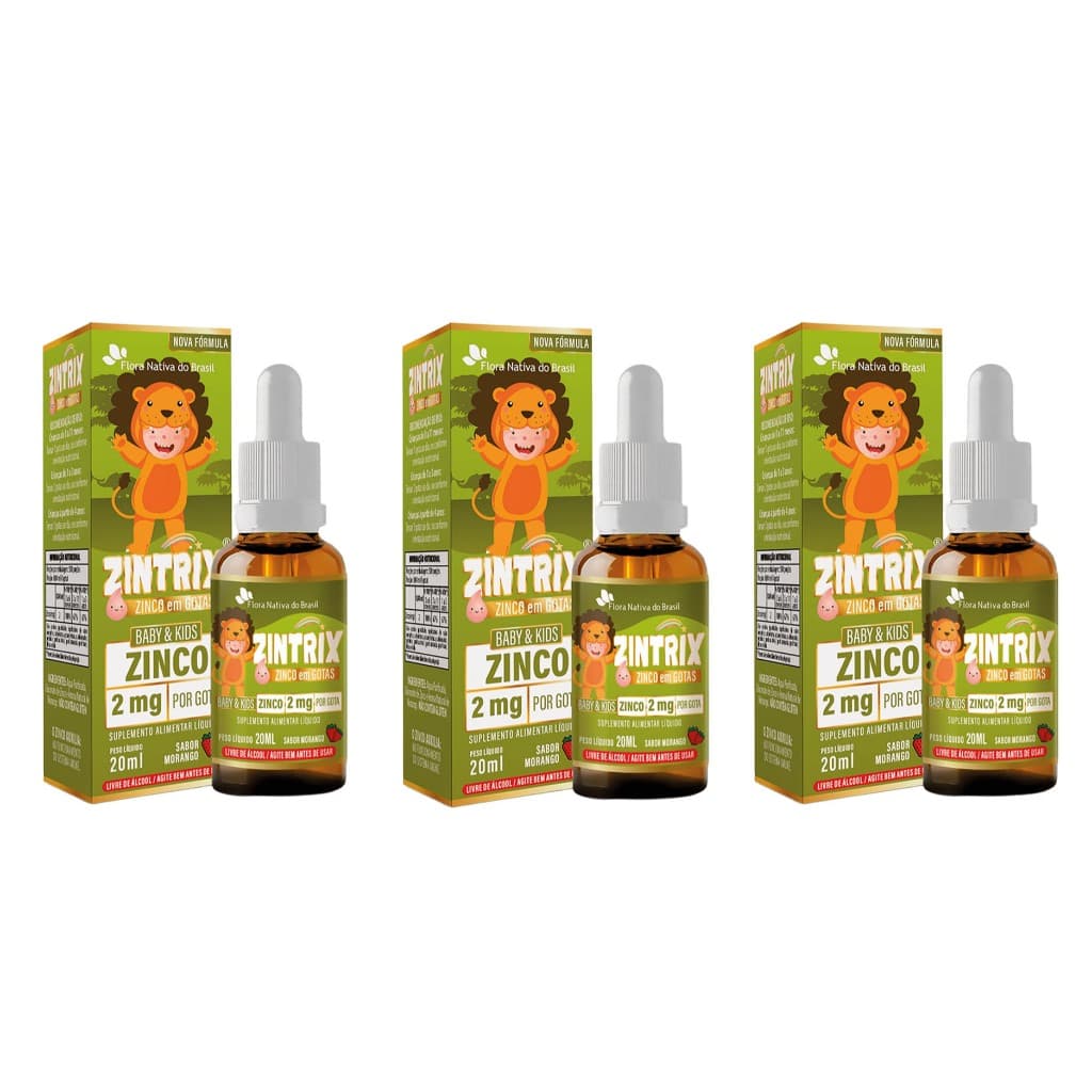3x Zintrix Suplemento Infantil de Zinco (Zinco 2mg/gota) 20ml Sabor Morango - Flora Nativa do Brasil