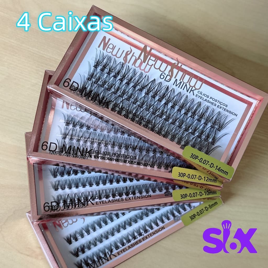 Kit Com 4 Caixas Cílios Postiços 6D MINK NEW SHOW 30P-0.07-D-8mm e 10mm e 12mm e 14mm - Tufos Sem nó