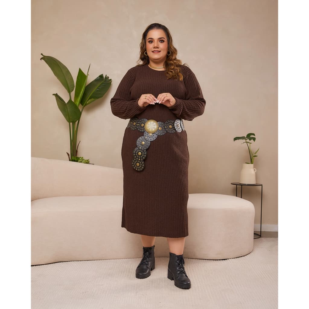 Vestido Longo Midi Feminino Tricot Plus Size Evangelico Manga Longade Mousse Fio Super Macio