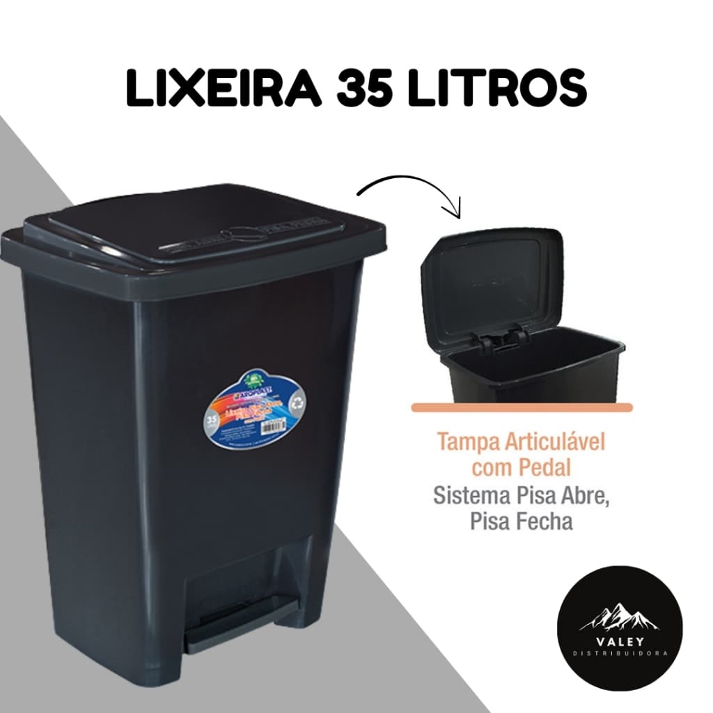 Lixeira de Cozinha Pedal Abre e Fecha 35 Litros Retangular - Preta - TOY 25867