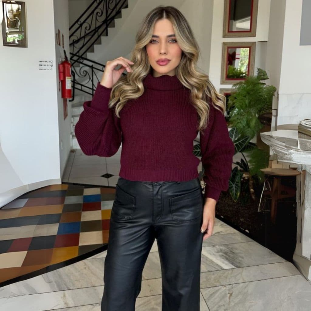 Blusa Feminina Mangas Longa Bufante Tricot Inverno Gola Alta Tricô Inverno Quentinho