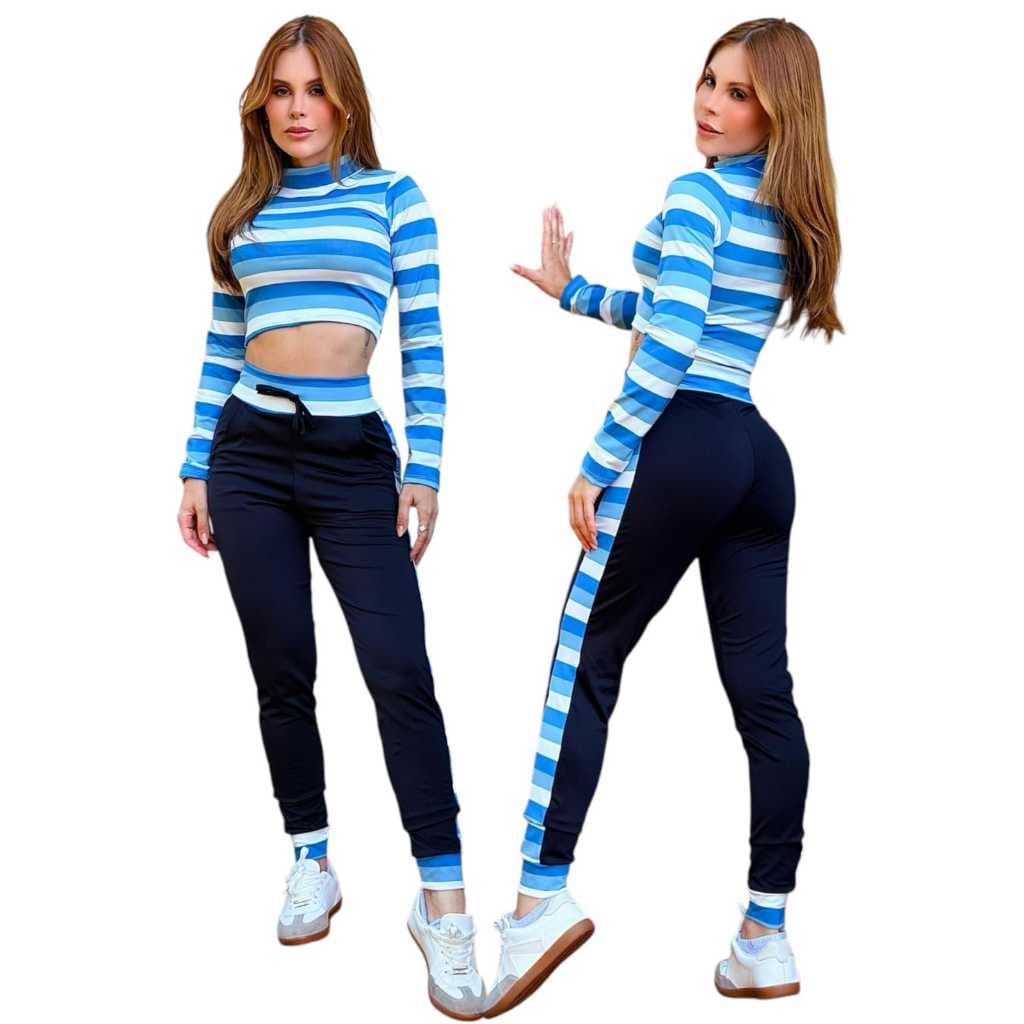 Conjunto Feminino Calça E Cropped Gola Alta Moda Gringa Tendência