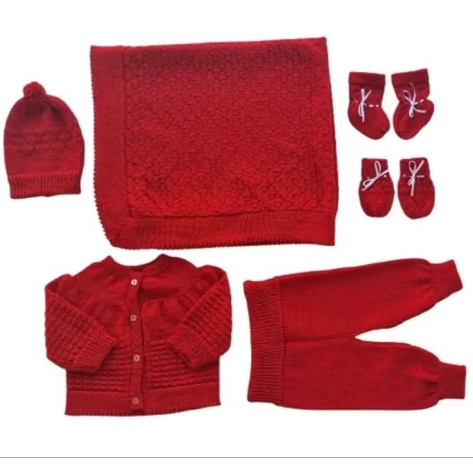 Saída de maternidade de lã vermelho 6 pçs