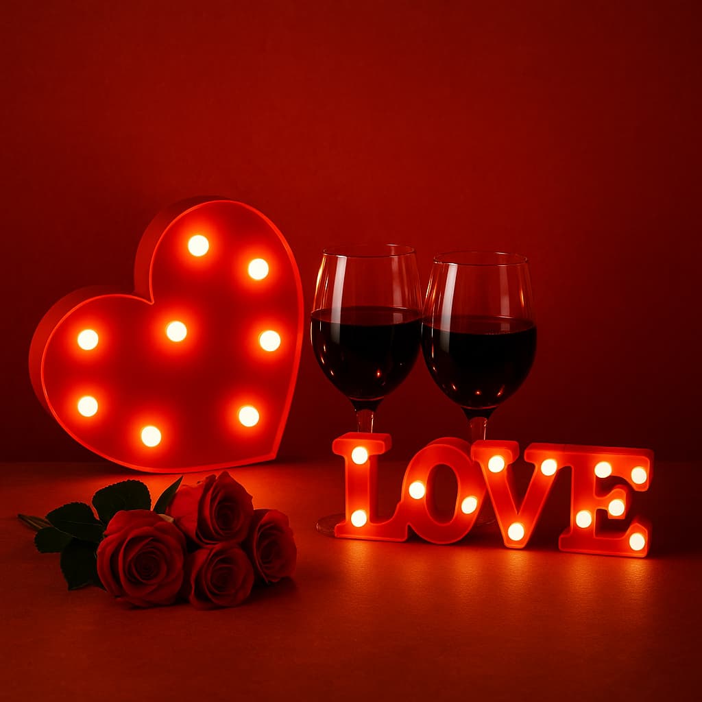 Kit Luminária de LED Coração e Love Dia dos Namorados Surpresa Romântica a Pilha Abajur