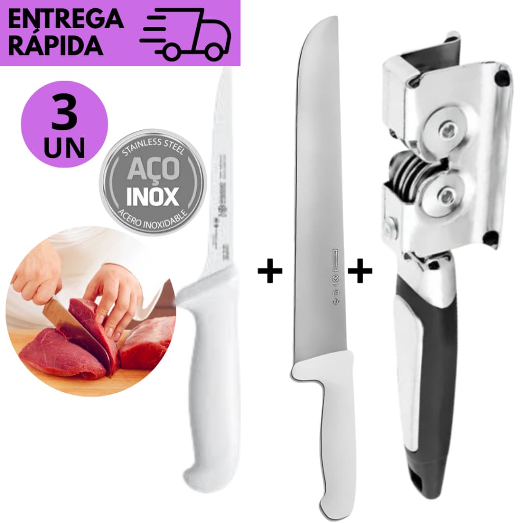 Kits 3 Peças Profissional de Facas Amolador p/ Faca de Desossa 6"  Faca do Chef 10” e Afiador Manual