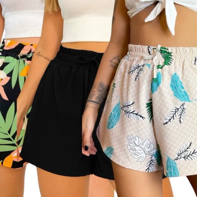 Kit com 3 Shorts Feminino de Viscose e Duna Liso e Estampado do P ao Plus Size