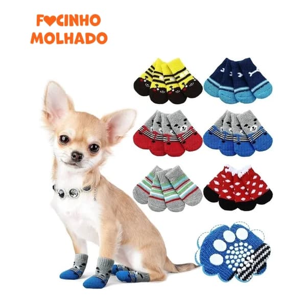 Meia Antiderrapante Pet para Cachorros Cães e Gato Meias Pet Socks Sortidos 1 Kit com 4 Meias
