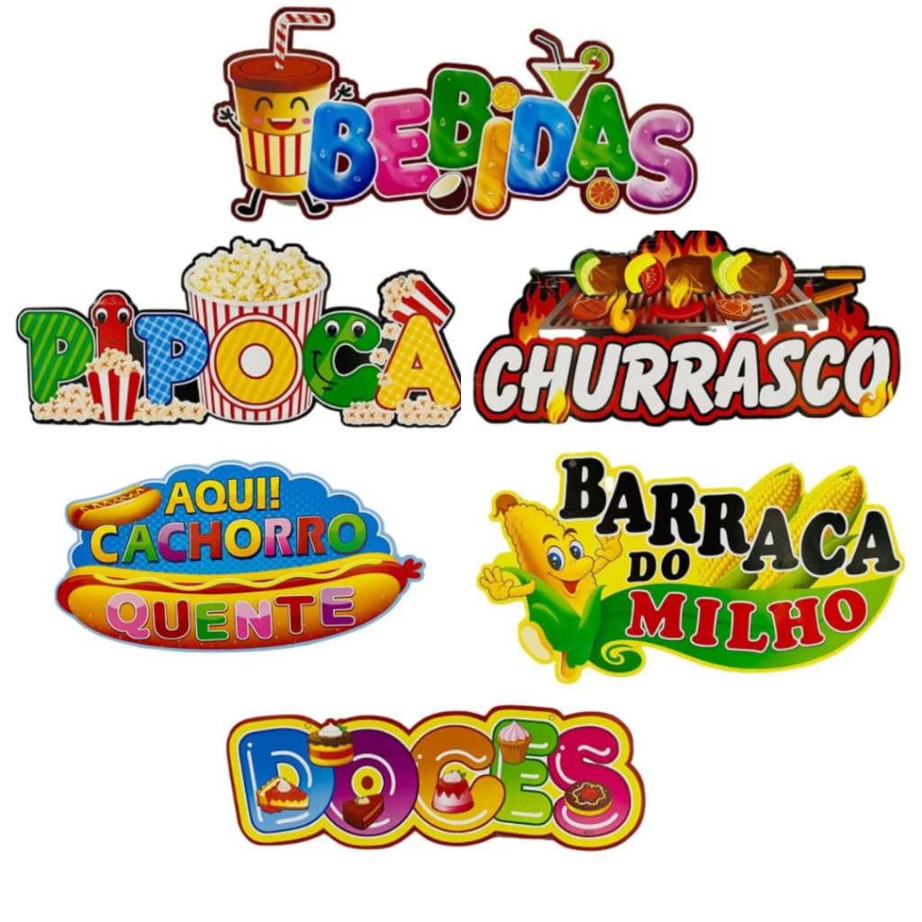 Placa Barraca Quermesse E Festa Junina unidade ou Kit Com 6 pipoca , churrasco, bebidas, cachorro quente, doce, milho