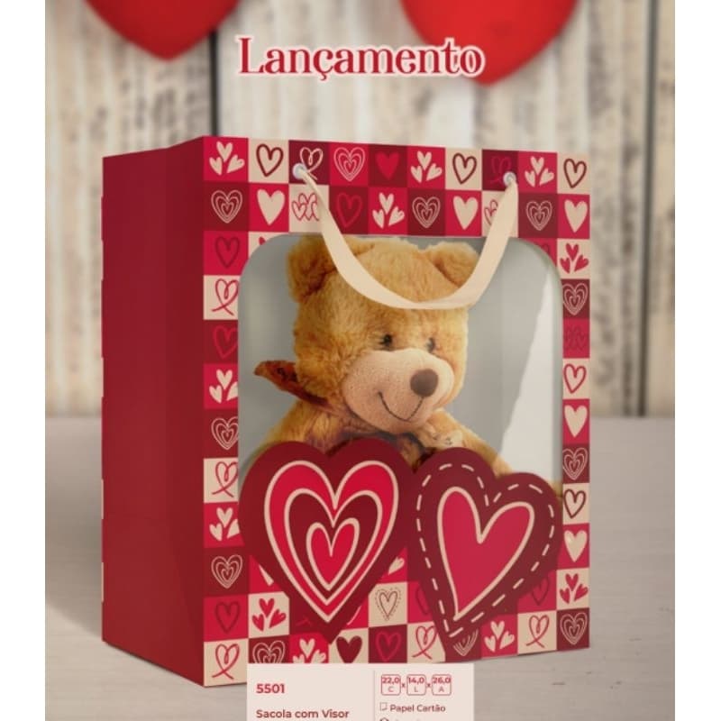 Sacola Presente Papel Kraft Decorada Dias dos Namorados Tam. 24x17x26
