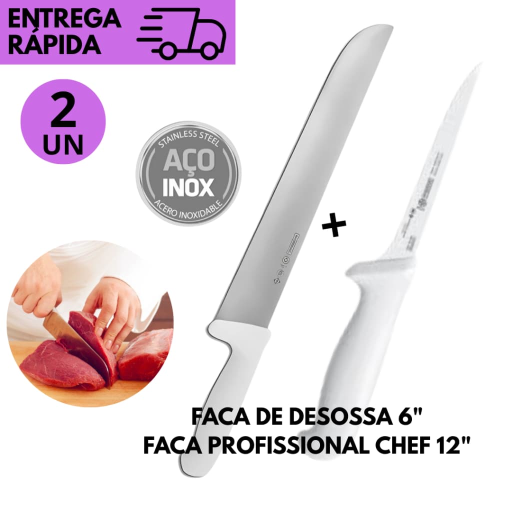 2 ou 1 Faca de Desossa 6” e Faca do Chef 10” Profissional ou Individual – Aço Inox, Corte Preciso