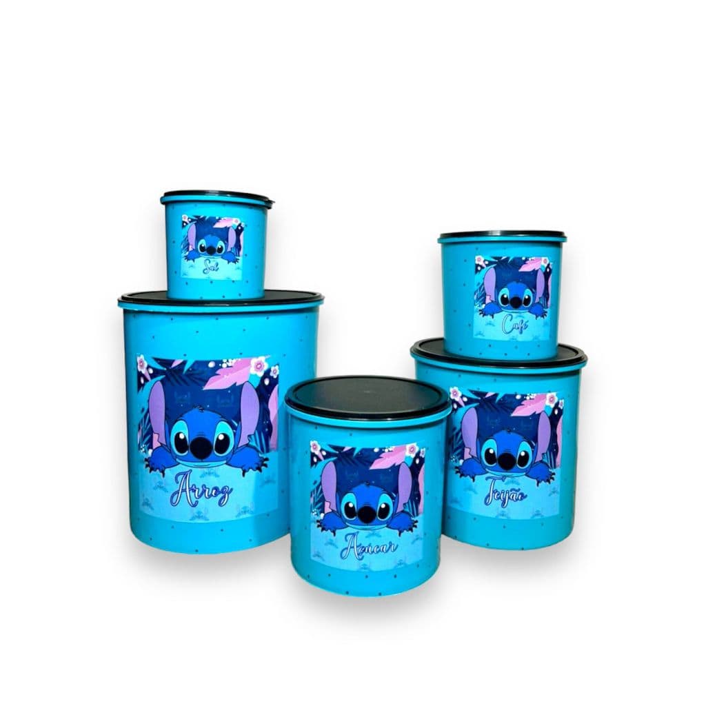 Organizador de Alimentos kit 5 Potes Mantimentos Stitch Floral Tropical Azul