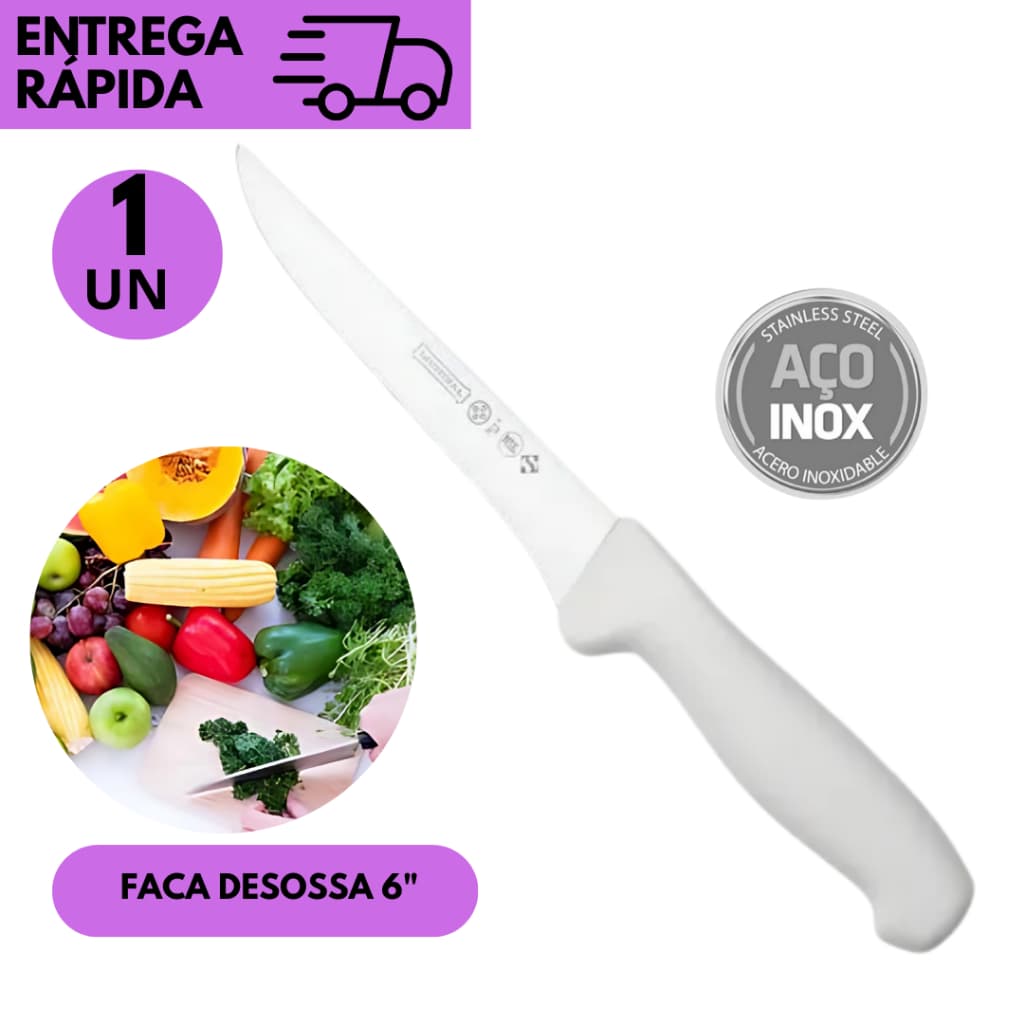 Faca de Desossa Aço Inox 6” Profissional – Corte Preciso para Carne, Frango e Peixe