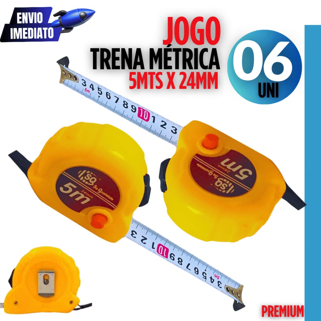 Conjunto 06 Trena 5 Metros x 24 mm de Metal Com Trava Freio Manual Medidas Para Obras Reformas Casa Variáveis Utilidades