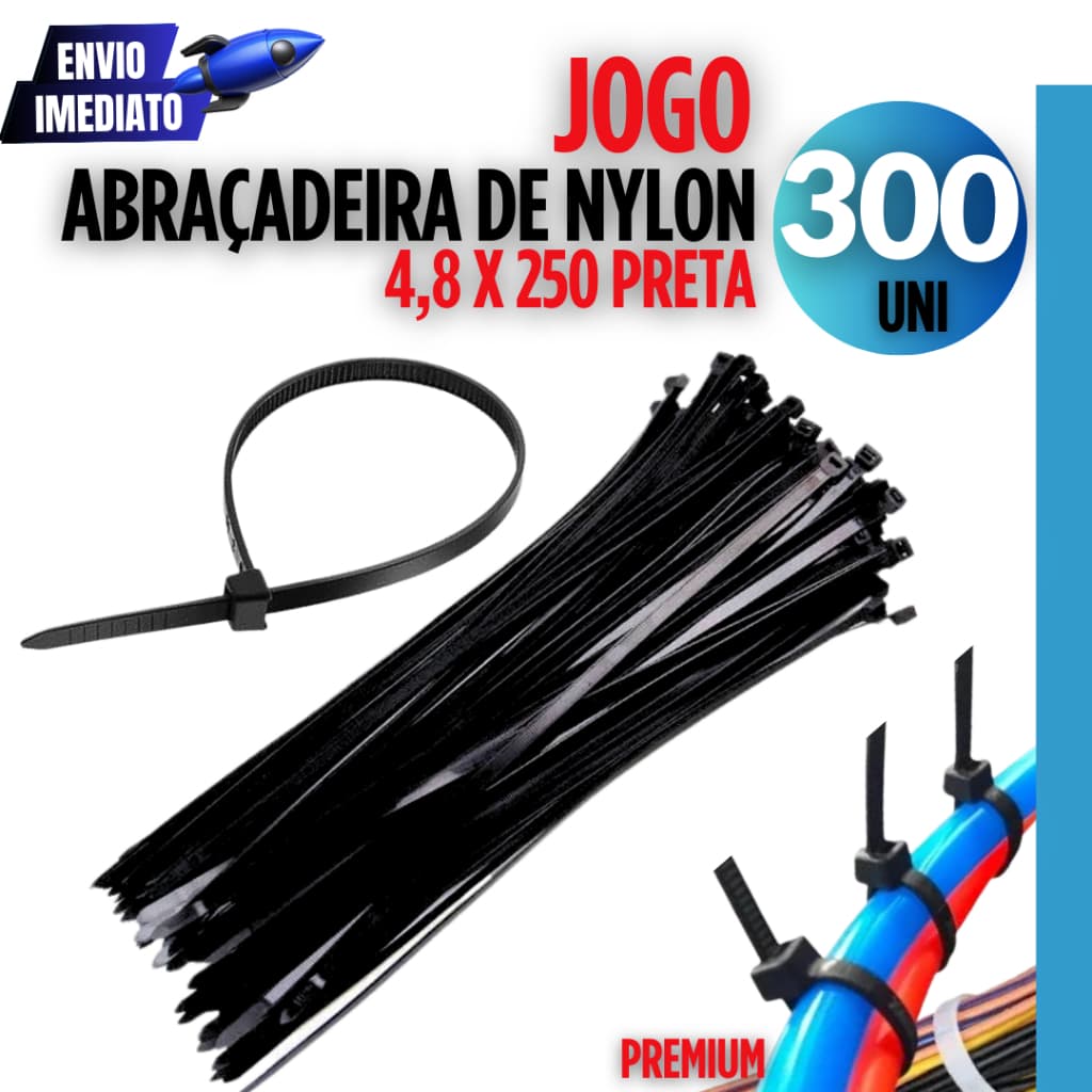 Kit Conjunto 300 Unidades Cintas Plásticas Abraçadeira 4,8X250MM Nylon Com Proteção UV Enforca Gato Preto