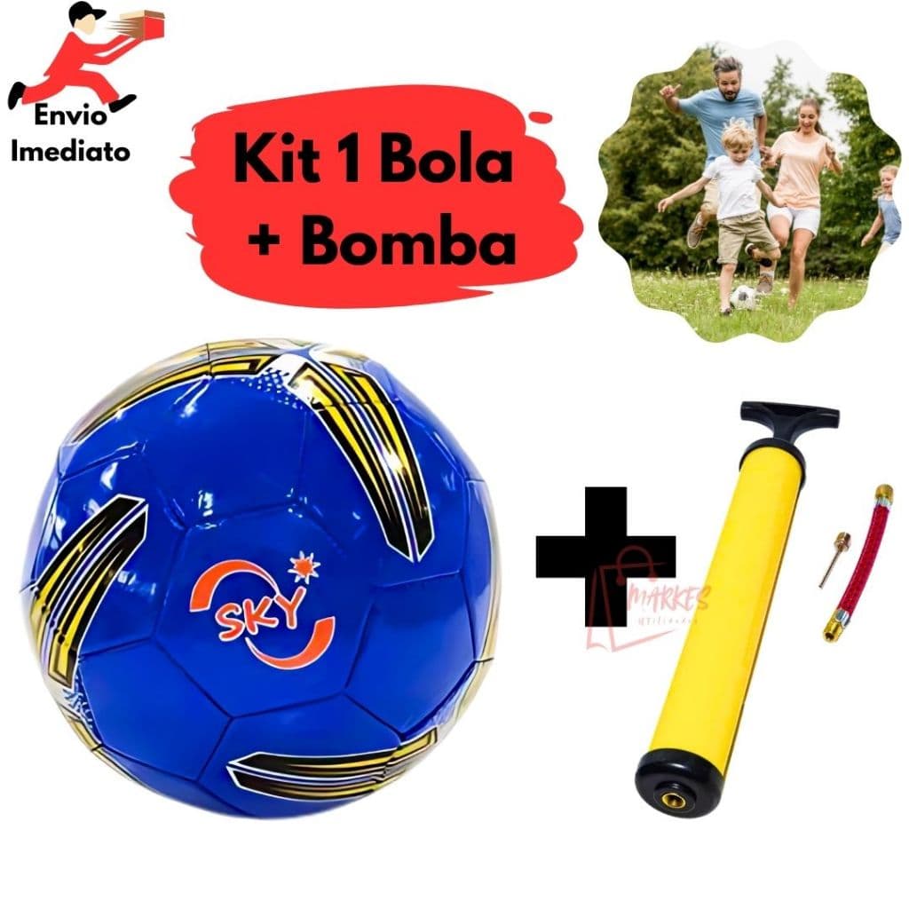 Kit 1 Bola De Campo Sky + Bomba Ar Portátil Manual Jogo Futebol Esporte Diversão