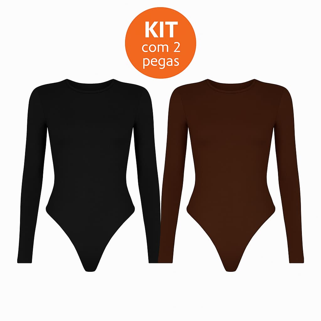 Kit 2 Body Feminino Manga Longa Gola Redonda Justo Básico Estiloso