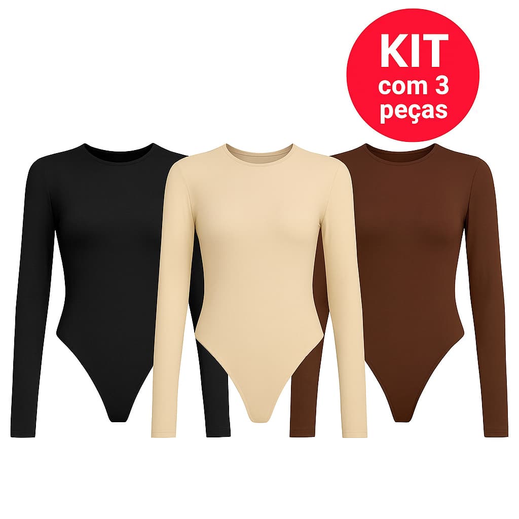 Kit 3 Body Feminino Manga Longa Gola Redonda Básico Preto Bege Marrom Estiloso
