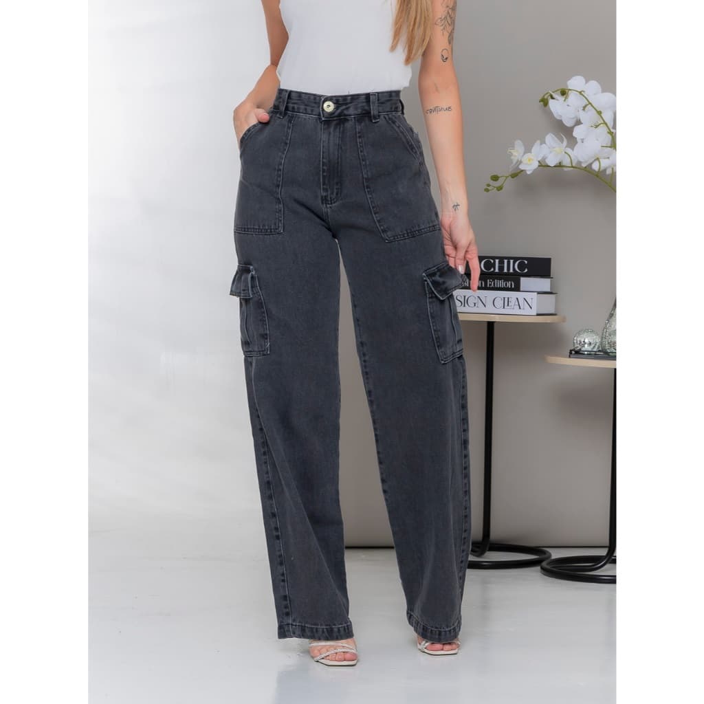 Calça Cargo jeans wide leg Feminina Moda Street Tecido Algodão 100%  Premium