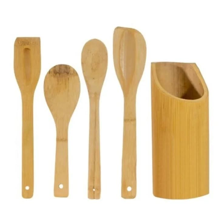 Kit Culinario Colher De Bambu (pau) E Suporte Cor Marrom