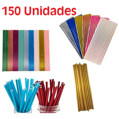 150 Canudos de Papel Metalizado Luxo Festa  Decoração Moderno