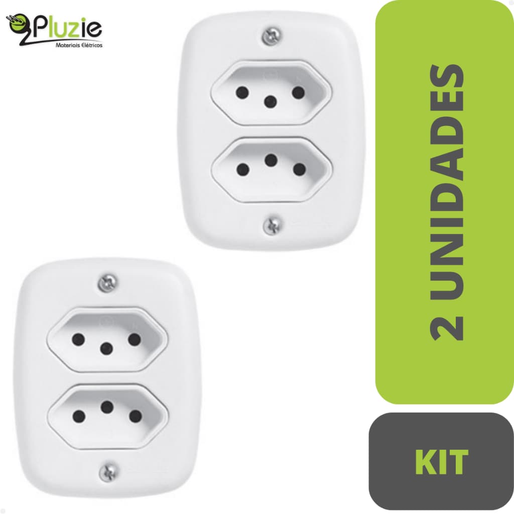 Kit 2x Tomada Dupla 2P+T 20A 250V Pluzie Sobrepor | Serve 10A e 20A