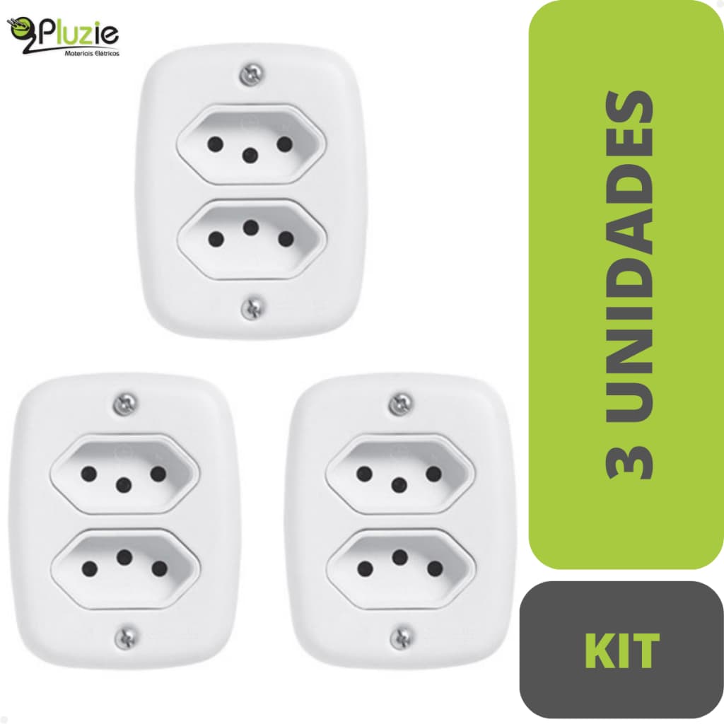 Kit 3x Tomada Dupla Sobrepor 20A Pluzie Sistema X com Caixa Externa Branca