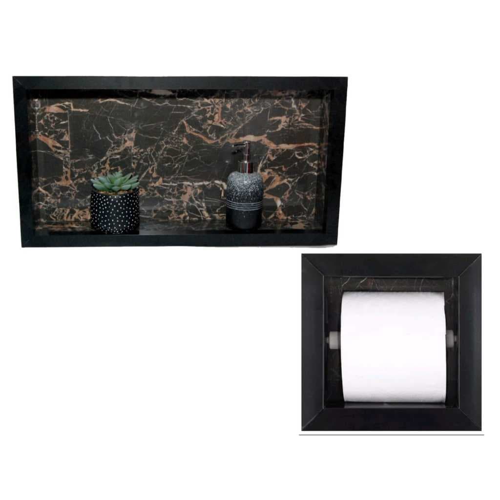 Kit Nicho de Porcelanato e Porta Papel Higiênico de Embutir  Preto Premium