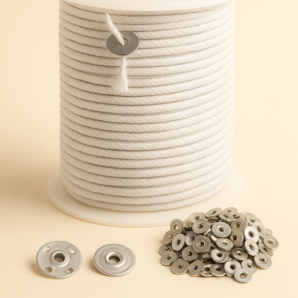 Kit Pavio 100% Algodão 2mm – 5 Metros + 50 Ilhós | Para Velas Artesanais