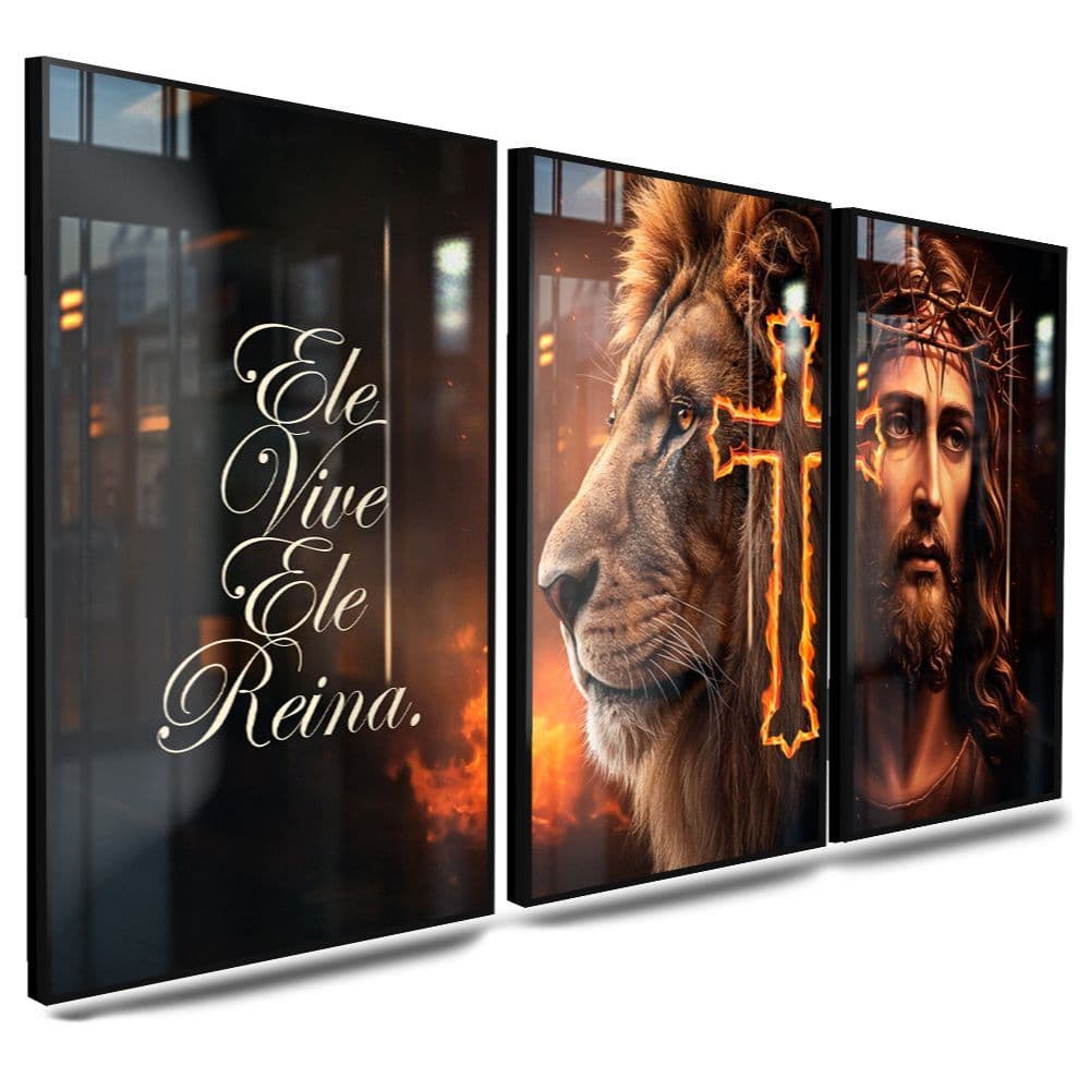 Quadro Decorativo Leão Judá Jesus Deus Ele Vive, Ele Reina: Fé, Força e Redenção