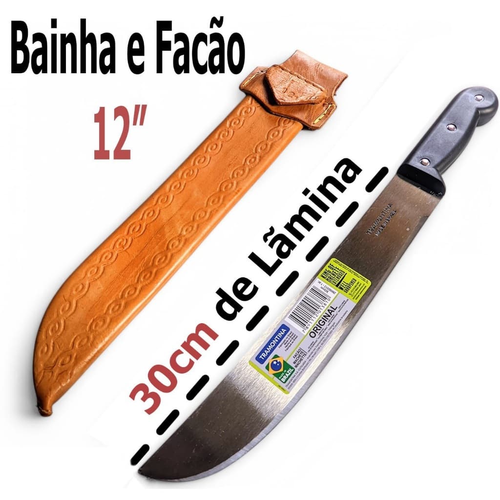 Facão Mato 12 Polegadas Tramontina Aço Carbono Cabo Plástico + Bainha em couro legítimo