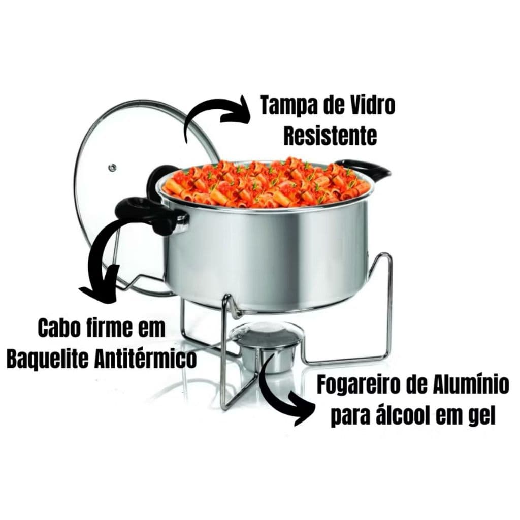 01 Panela Rechaud Completo Com Tampa De Vidro Para Buffet Eventos Restaurantes Bares Cozinha Panela