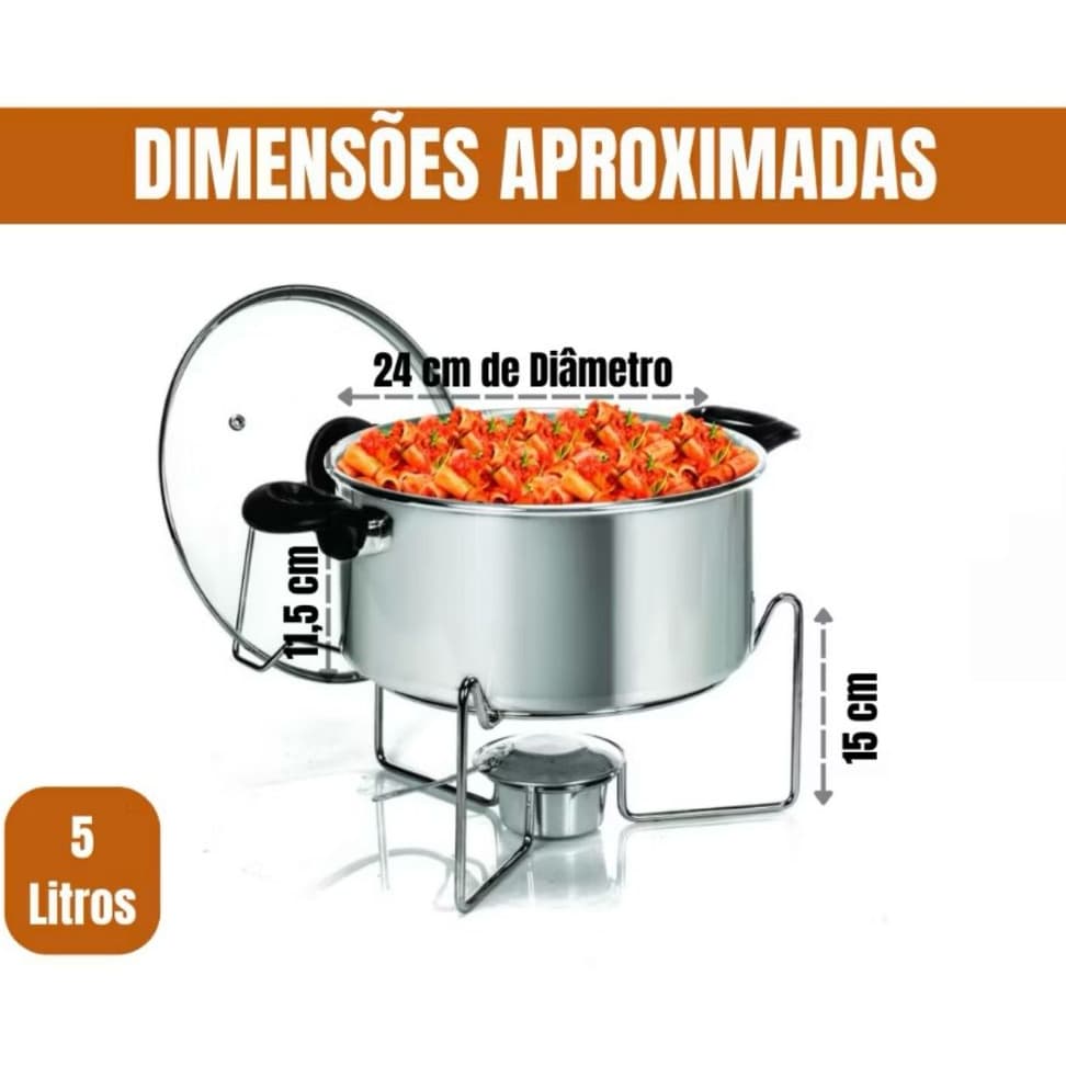 Panela Rechaud 5 Litros Com Tampa De Vidro Para Buffet Eventos Restaurantes Bares Cozinha