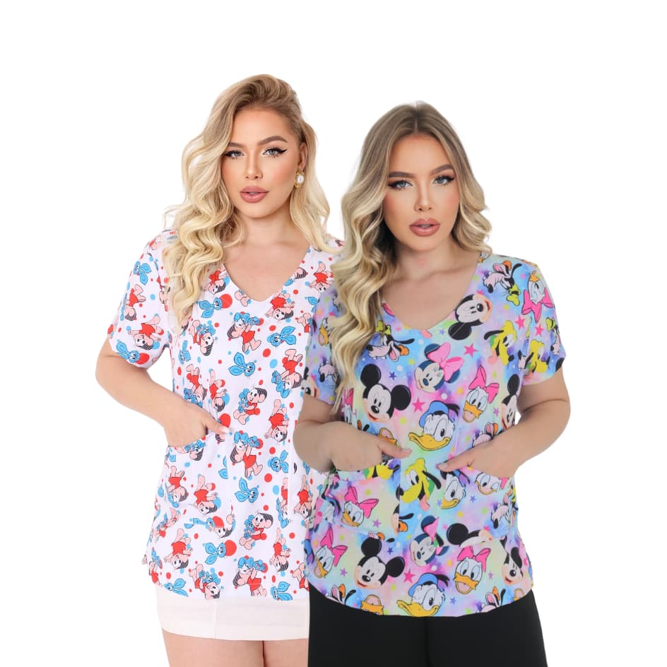 Bata Scrub Feminino Personalizado Estampado | Pijama Cirúrgico Uniforme Profissão Enfermagem, Pediatria